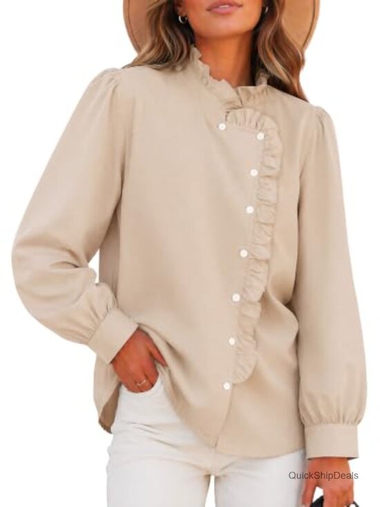 Tops - Women's Casual Long Sleeve Button Down Shirt with Ruffle Front Placket